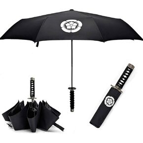 Cool Lemon Samurai Katana Master Sword Hilt Handle Folding Umbrella Anime Portable Travel Japanese Ninja Compact Umbrellas Windproof, Black Glue Anti UV, Business Birthday Gift for Men