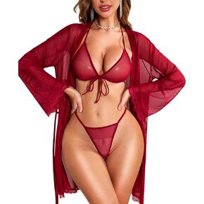 RSLOVE Women Sexy Lingerie Set - 3 Piece Bra and Panty Sets with Lace Kimono Robe Sheer Sleepwear Mesh Nightgown