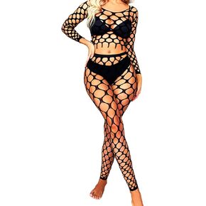 deladola Mesh Black Leopard Jumpsuits for Women See Through Fishnet Bodysuit Long Sleeve Babydoll Lingerie Bodystocking