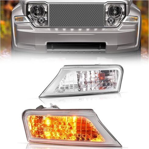 HECASA Pair Front Turn Signal Corner Light Compatible with 2008-2012 Jeep Liberty Replacement for CH2520145 CH2521145 Front Bumper Signal Lamp Clear Lens Chrome Housing w/Bulb - Driver&Passenger Side in Kuwait
