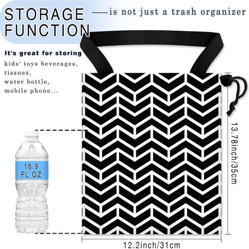 Car Trash Bag Hanging Back of Seat Waterproof Small Cute Printed One-Handed Strap Drawstring Garbage Bags for Car-Black White in Kuwait