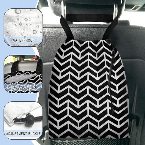 Car Trash Bag Hanging Back of Seat Waterproof Small Cute Printed One-Handed Strap Drawstring Garbage Bags for Car-Black White in Kuwait