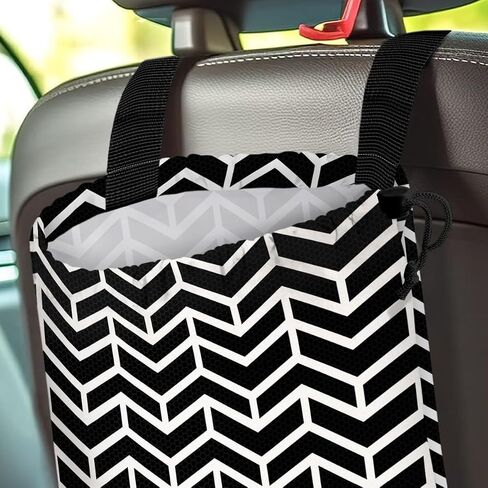 Car Trash Bag Hanging Back of Seat Waterproof Small Cute Printed One-Handed Strap Drawstring Garbage Bags for Car-Black White in Kuwait