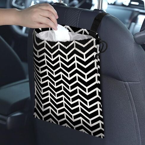 Car Trash Bag Hanging Back of Seat Waterproof Small Cute Printed One-Handed Strap Drawstring Garbage Bags for Car-Black White in Kuwait