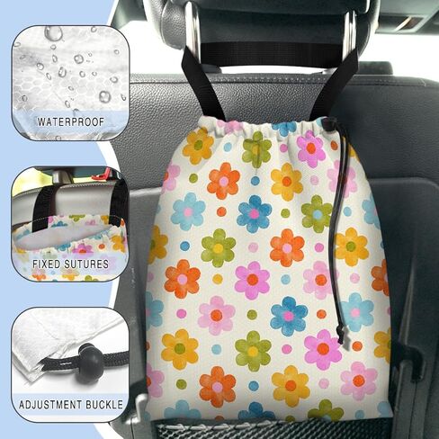 Car Trash Bag Hanging Back of Seat Waterproof Small Cute Printed One-Handed Strap Drawstring Garbage Bags for Car-Black White in Kuwait