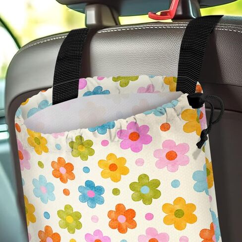 Car Trash Bag Hanging Back of Seat Waterproof Small Cute Printed One-Handed Strap Drawstring Garbage Bags for Car-Black White in Kuwait