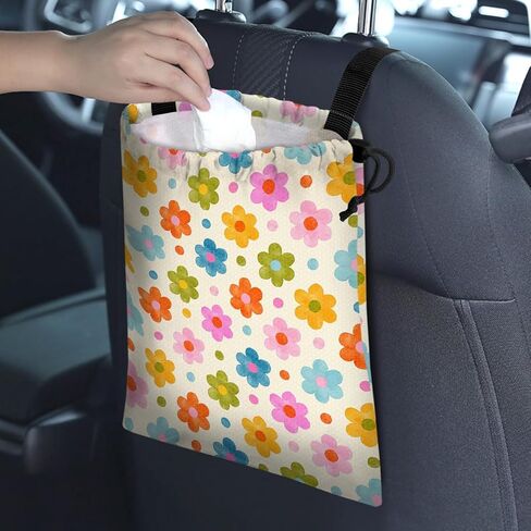 Car Trash Bag Hanging Back of Seat Waterproof Small Cute Printed One-Handed Strap Drawstring Garbage Bags for Car-Black White in Kuwait