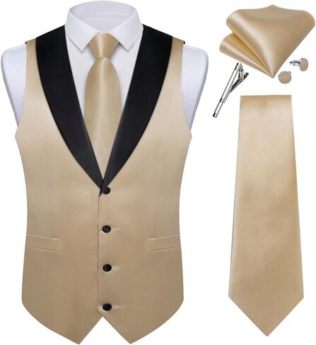 DiBanGu Mens Vest Formal Solid Color Waistcoat and Tie Pocket Square Set Satin Shawl Lapel Dress Vest Wedding Business in Saudi Arabia