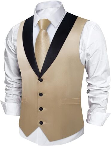 DiBanGu Mens Vest Formal Solid Color Waistcoat and Tie Pocket Square Set Satin Shawl Lapel Dress Vest Wedding Business in Saudi Arabia