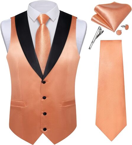 DiBanGu Mens Vest Formal Solid Color Waistcoat and Tie Pocket Square Set Satin Shawl Lapel Dress Vest Wedding Business in Saudi Arabia