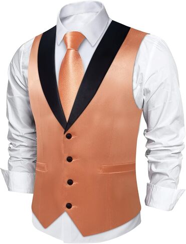 DiBanGu Mens Vest Formal Solid Color Waistcoat and Tie Pocket Square Set Satin Shawl Lapel Dress Vest Wedding Business in Saudi Arabia
