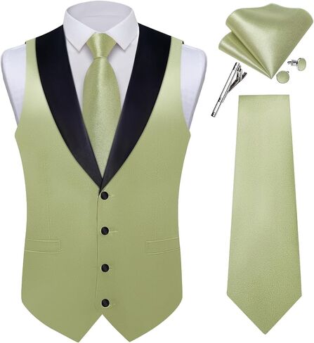 DiBanGu Mens Vest Formal Solid Color Waistcoat and Tie Pocket Square Set Satin Shawl Lapel Dress Vest Wedding Business in Saudi Arabia