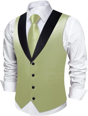 DiBanGu Mens Vest Formal Solid Color Waistcoat and Tie Pocket Square Set Satin Shawl Lapel Dress Vest Wedding Business in Saudi Arabia