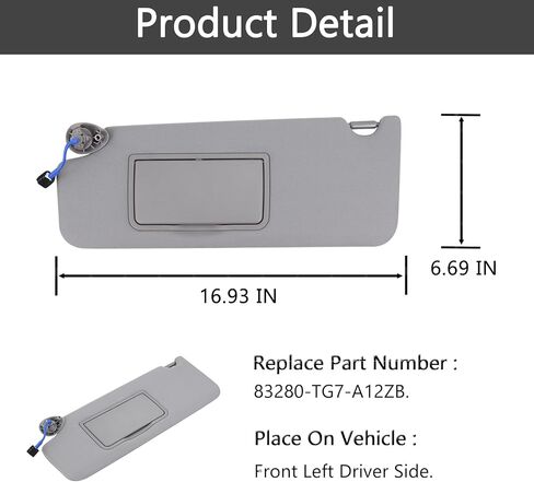 Left Drvier Side Sun Visor Fit for Honda Pilot 2017-2022 ، Honda Ridgeline 2018-2023 يحل محل# 83280-TG7-A12ZB (رمادي) in Kuwait