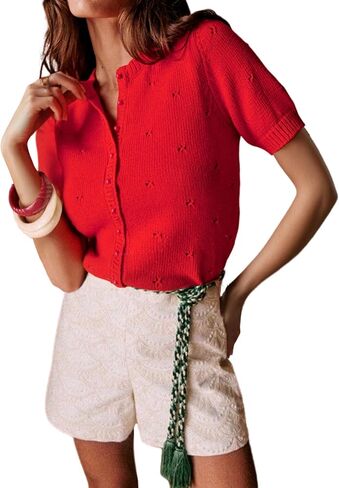 Bianstore Women's Casual Short Sleeve Crewneck Button Down Cardigan Sweater Crochet Knit Top in Saudi Arabia