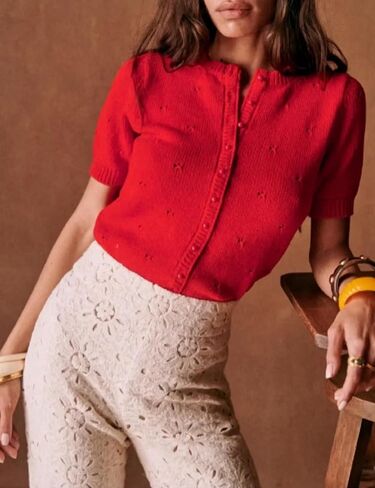 Bianstore Women's Casual Short Sleeve Crewneck Button Down Cardigan Sweater Crochet Knit Top in Saudi Arabia