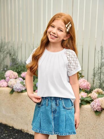 Girls Pleated T Shirts Kids Fashion Lace Sleeve Summer Tops Casual Crewneck Blouse 5-14 Years in Saudi Arabia