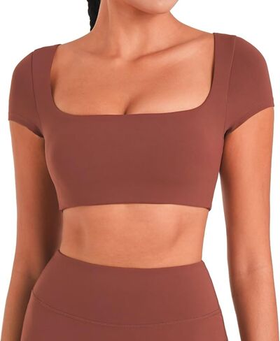 Sunzel Womens Short Sleeve Crop Top مع بنيت في حمالة صدرية اليوغا اليوغا تي شيرت غير رسمية تمرينات الرياضة الصالة الرياضية النشط مع الحشو in Kuwait