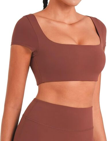 Sunzel Womens Short Sleeve Crop Top مع بنيت في حمالة صدرية اليوغا اليوغا تي شيرت غير رسمية تمرينات الرياضة الصالة الرياضية النشط مع الحشو in Kuwait