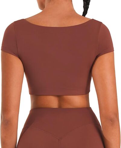 Sunzel Womens Short Sleeve Crop Top مع بنيت في حمالة صدرية اليوغا اليوغا تي شيرت غير رسمية تمرينات الرياضة الصالة الرياضية النشط مع الحشو in Kuwait