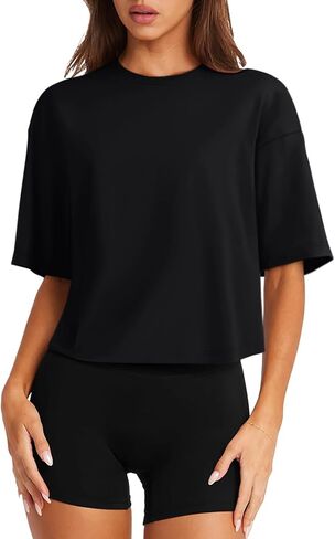 LASLULU Womens Cotton Short Sleeve Workout Shirts Loose Fit Crop Tops Yoga Gym Tee Casual Athletic Running T-Shirts in Saudi Arabia
