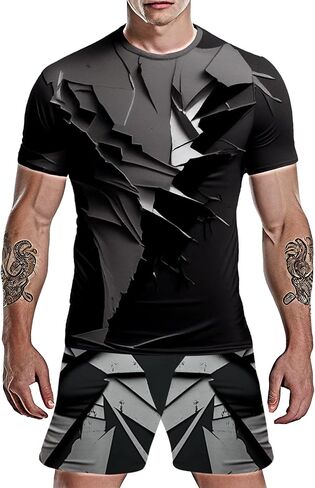 Mens Personality Sport Set Summer Outfit 2 Piece Set Short Sleeve T Shirts and Shorts Stylish Casual Sweatsuit Set in Saudi Arabia