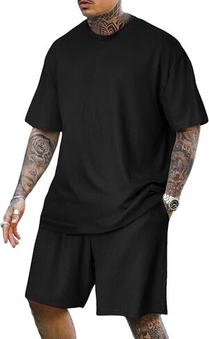 Lexiart Mens Disual 2 Outfits-Short Sleeve مجموعة رياضية كبيرة الحجم. in Kuwait