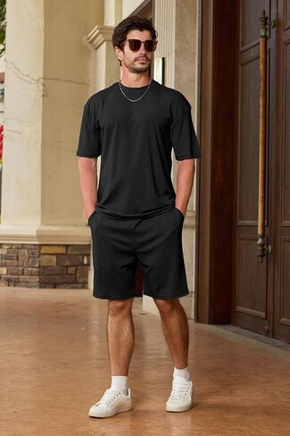 Lexiart Mens Disual 2 Outfits-Short Sleeve مجموعة رياضية كبيرة الحجم. in Kuwait
