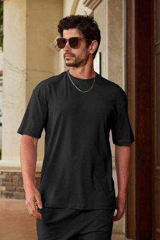 Lexiart Mens Disual 2 Outfits-Short Sleeve مجموعة رياضية كبيرة الحجم. in Kuwait