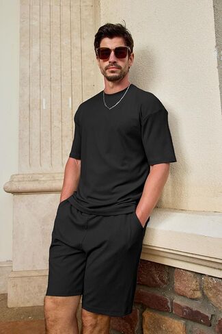 Lexiart Mens Disual 2 Outfits-Short Sleeve مجموعة رياضية كبيرة الحجم. in Kuwait