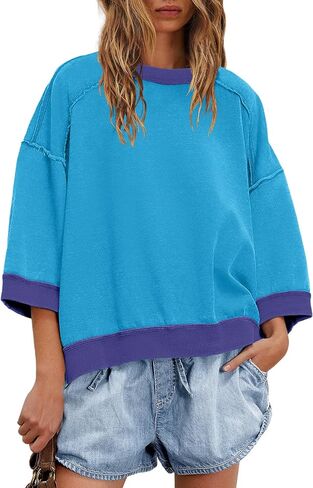 Panadila Womens كبير الحجم قصير الأكمام من النوع الثقيل Crewneck 3/4 قمم الأكمام in Saudi Arabia
