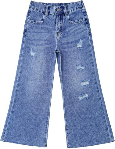 KIDSCOOL SPACE Girls Slim Fit Wide-Leg Jeans, Raw Edge Hem Ripped Holes Denim Pants in Saudi Arabia
