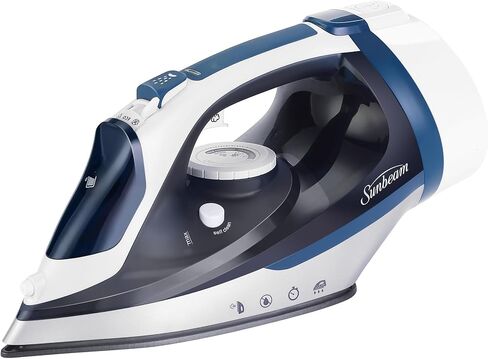 Sunbeam Turbo Steam Iron, 1700 Watt, Nonstick Ceramic Soleplate, Horizontal or Vertical Shot of Steam, Quick Heating, 3-Way Auto-Off, White and Chrome in Kuwait
