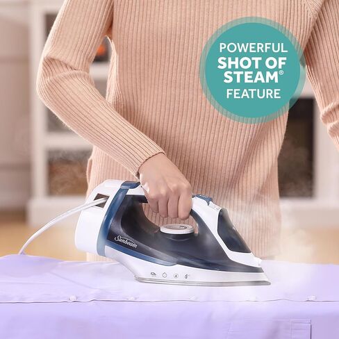 Sunbeam Turbo Steam Iron, 1700 Watt, Nonstick Ceramic Soleplate, Horizontal or Vertical Shot of Steam, Quick Heating, 3-Way Auto-Off, White and Chrome in Kuwait