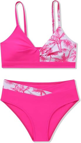 Girls 2 Piece Swimsuit Bikini Set Color Block Tropical Floral Bathing Suit Girls' Cute Swimwear in Saudi Arabia