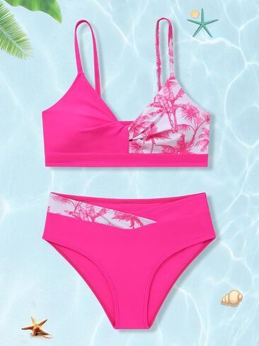 Girls 2 Piece Swimsuit Bikini Set Color Block Tropical Floral Bathing Suit Girls' Cute Swimwear in Saudi Arabia