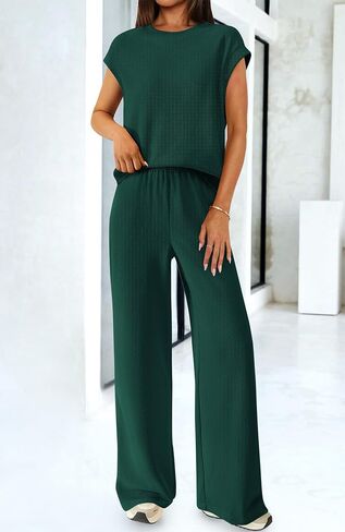 BTFBM Women Two Piece Outfits Summer Short Sleeve Knit Tops Wide Leg Pants Lounge Matching Sets Sweatsuit Airport in Saudi Arabia