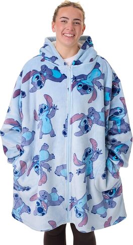 Disney Lilo & Stitch Womens Wearable Blanket Hoodie | Adults Hooded Zip Fleece in Blue | Stitch Character Print Loungewear in Saudi Arabia