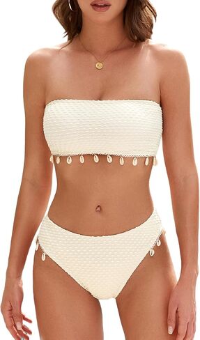 نساء zaful bandeau bikini shell 2 قطعة ملابس السباحة صفيق الدانتيل الصلبة حتى بدلات الاستحمام بوم in Saudi Arabia