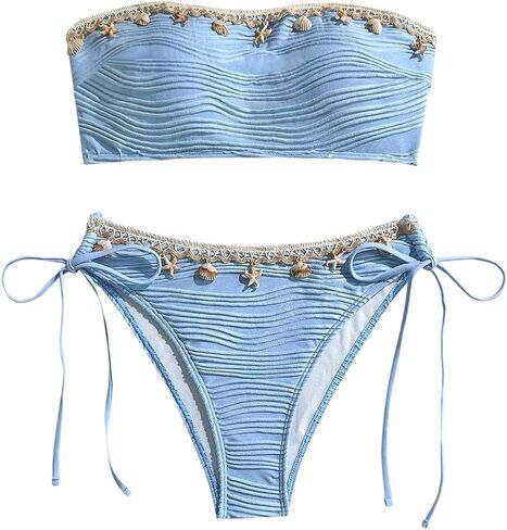 ZAFUL Women Strapless Bandeau Bikini Shell 2 Piece Swimwear Cheeky Solid Lace up Pom Bathing Suits in Saudi Arabia