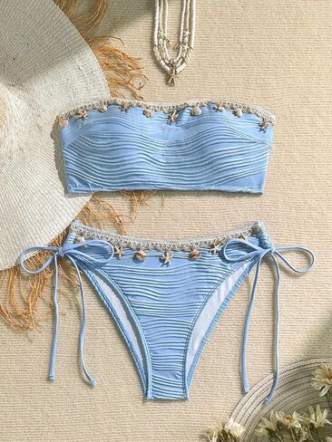 ZAFUL Women Strapless Bandeau Bikini Shell 2 Piece Swimwear Cheeky Solid Lace up Pom Bathing Suits in Saudi Arabia
