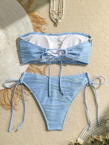 ZAFUL Women Strapless Bandeau Bikini Shell 2 Piece Swimwear Cheeky Solid Lace up Pom Bathing Suits in Saudi Arabia