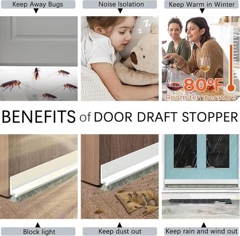 2 Pack Under Door Draft Stoppers with Brush, Door Soundproofing Strip Reduce Noise, Dust-Proof/Weather Stripping with Self Adhesive, Under Door Deal - White in Kuwait