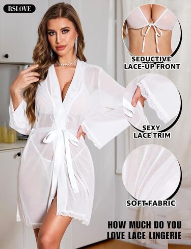 RSLove Women Sexy Lingerie Set - 3 قطع حمالة صدر وجلسات طويلة مع Lace Kimono Retle in Kuwait