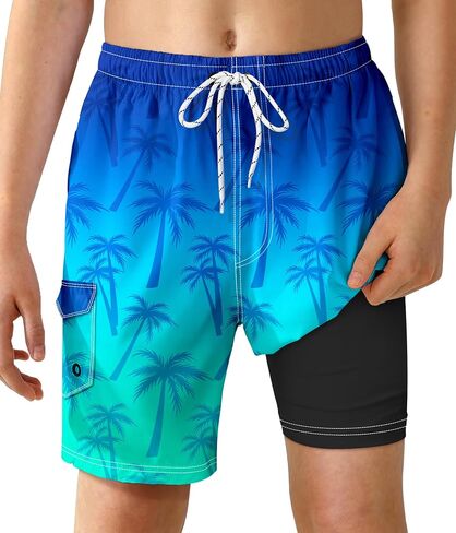 Boys Swim Trunks with Compression Liner Quick Dry Swim Shorts Summer Beach Shorts in Kuwait