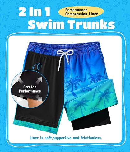 Boys Swim Trunks with Compression Liner Quick Dry Swim Shorts Summer Beach Shorts in Kuwait