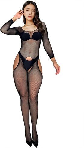 Women's Fishnet Bodysuit Long Sleeve Sheer Mesh Tights Bodystocking Full Body Fishnets Rave Outfit in Saudi Arabia