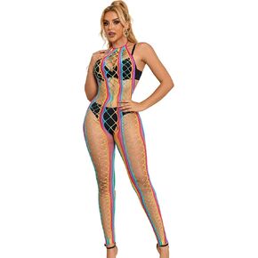Women Rainbow Fishnet Bodystocking Plus Size Fishnet Lingerie Crotchless Bodystocking XS-5XL Beach Cover up Rave Outfits