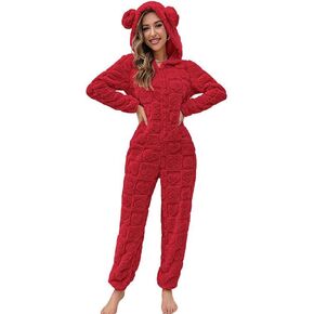 Chouyatou Women's Furry Sherpa Onesie Pajamas Lounge Heart Jacquard One Piece Romper Cute Ayr Hood Pumpsuit