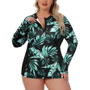 Misyula Style Womens Plus Size Rash Guard Long Sweve Swim Terts UPF50+ Quarter Zip Swimsuit Tops 1XL-5XL